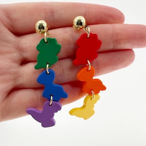 Brincos de dinossauro fofos e coloridos de kawaii, brincos pendurados de dinossauro, brincos de dinossauro, brincos pendurados fofos de dinossauro, novidade