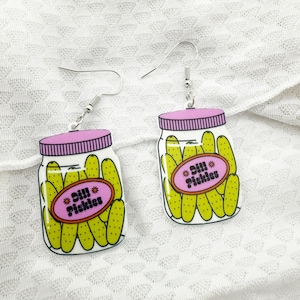 Dill Pickle Jar Earrings, Funny Food Jewelry, Quirky Novelty Earrings, Gift for Her, Unique Pickle Earrings, Fun Dangle Jewelry, Novelty