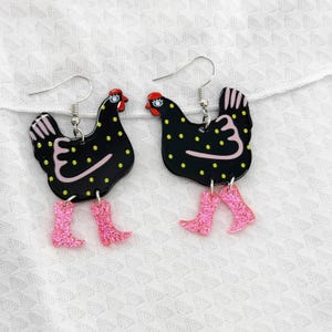 Funny Black Chickens in Boots Dangle Earrings, Novelty Earrings, Unique Earrings, Fun Earrings, Country Earrings, Animal Earrings