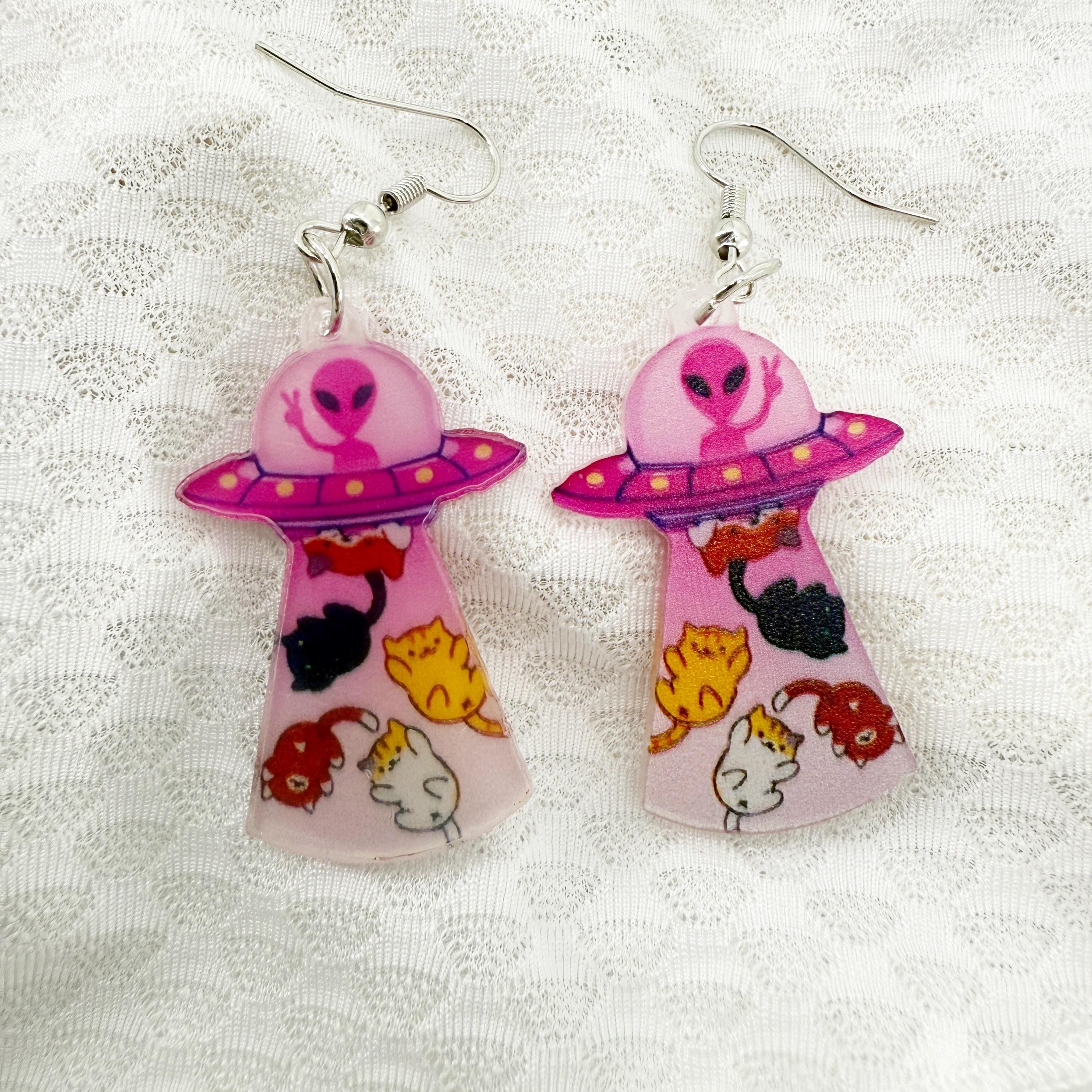 UFO Cat Alien Space Earrings, Cat Abduction Earrings, Spaceship Universe Cosmos Jewelry, Novelty Earrings, Cat Gift, Conspiracy Theory Gift