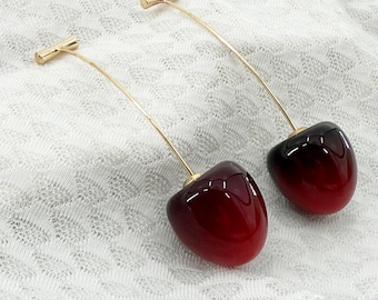 Cherry Earrings, Fruit Earring, Ear Bar Stud Earring, Long Drop, Red Cherry Dangle Earrings, Novelty Earrings