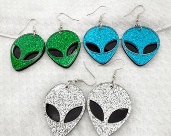Glitter Alien Earrings, Alien Earrings, Alien Face Earrings, Green Alien Face, Science Fiction, UFO, Novelty Earrings