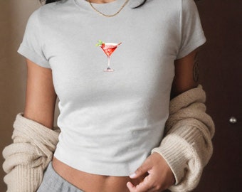 Martini Cocktail Baby Tee, Coquette Baby Tee, Y2K Baby Tee, Crop Top, Fitted Baby Tee, 90s baby tee, Y2K Clothing, Cute Baby Tee, Trendy tee