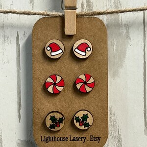 3 Pack Wooden, Laser cut, hand painted stud earrings