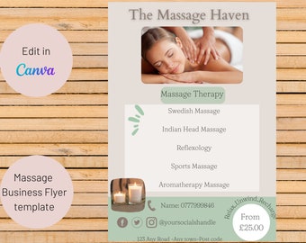 Massage Therapy Flyer Template | A5 Flyer | Canva Template| Sports Massage | Holistic Therapist Flyer | Editable template