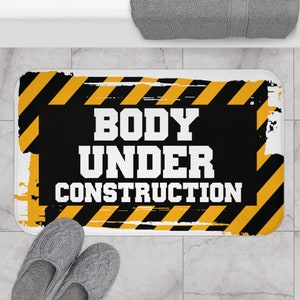 Body Under Construction White Memory Foam Bath Mat, Comical Bath Mat, Bathroom Decor, Tub, Shower, Funny Saying