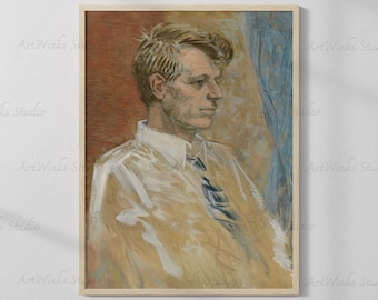 May include: A framed portrait of a man in a white collared shirt and a patterned tie. The artwork features a color palette of beige, blue, and red. The text "ArtWinks Studio" is visible on the frame.