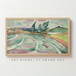 May include: A framed landscape painting with a light wood frame. The artwork features a winding road in shades of green and purple, with trees and hills in the background. The text "ART WINKS | TV FRAME ART" is at the bottom.
