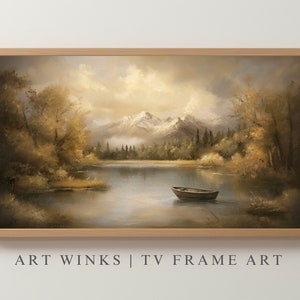 May include: A framed painting of a serene lake scene with a small boat in the water. The lake is surrounded by trees and mountains in the background. The sky is a soft blue with white clouds.