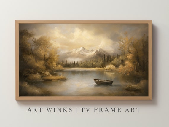 Serene Mountain Landscape frames 4k tv arts, Moody Oil Paint Lake Wall Art, Vintage Art-for Frame TV, oil paint wall arts decorating