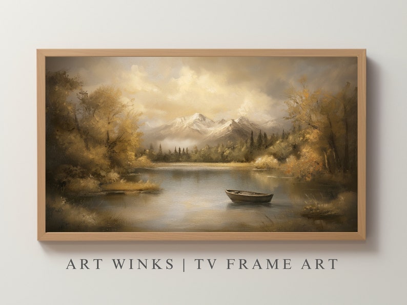 May include: A framed painting of a serene lake scene with a small boat in the water. The lake is surrounded by trees and mountains in the background. The sky is a soft blue with white clouds.