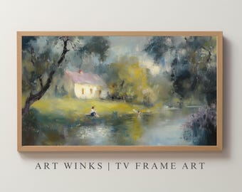 Vintage Dreamy Frame TV Art, Moody Cottage Landscape Wall Decor, Textured Impressionist Nature Oil Painting, Moody Landscape Painting