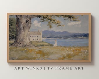 Frame TV Art Landscape, Scenic Country House Painting, Samsung Frame TV Download, Textured Impressionist Artwork, Moody Landscape Painting