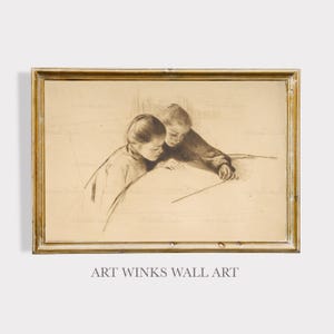 Puede incluir: Un boceto a lápiz enmarcado, que muestra dos figuras inclinadas sobre una superficie. El marco es de color dorado. El texto "ART WINKS WALL ART" se encuentra en la parte inferior.