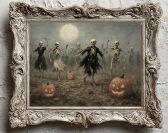 Dancing Skeletons Halloween Art: Vintage Gothic Pumpkin Graveyard (Digital Download)