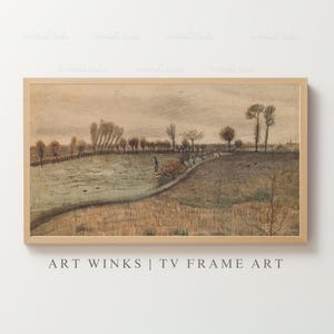 May include: A framed landscape print with a muted color palette. The artwork depicts a field with a figure, trees, and a fence. The text "ART WINKS | TV FRAME ART" is at the bottom.