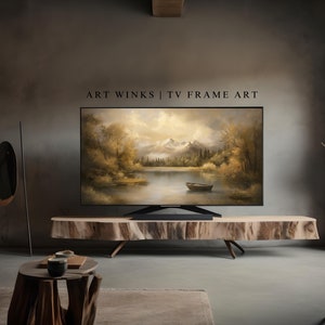May include: A modern living room with a large flat screen TV displaying a landscape painting of a lake and mountains. The TV is mounted on a wooden stand. The room is decorated in a minimalist style with a gray wall and a wooden floor.