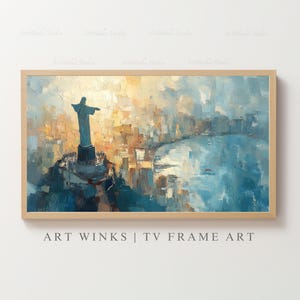 Frame TV Art, konsttryck av Kristusstatyn, stadsbildsmålning i Rio de Janeiro, väggdekor av brasilianskt landmärke, modernt religiöst konstverk
