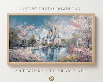 Samsung Frame TV, Magic Kingdom Memory, Cinderella Castle Impressionist Oil, Main Street Crowd Scene with Iconic Spires & Whimsical Details