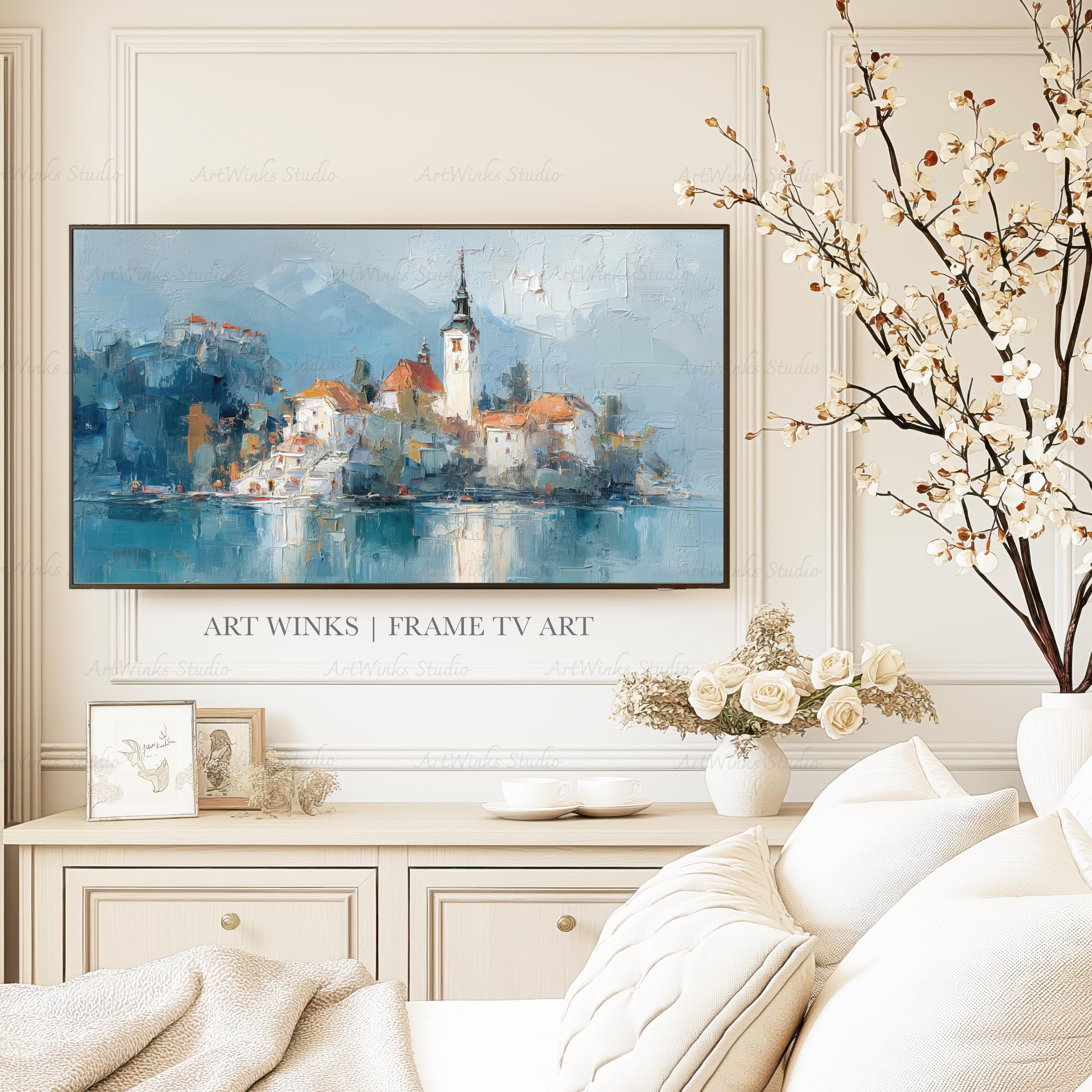 Frame TV Art, Impressionist Lake Bled Slovenia Church Oil Painting