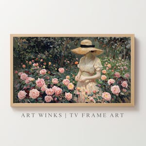Arte de TV con marco de mujer elegante con sombrero de paja, decoración del hogar con jardín sereno de rosas rosadas, descarga digital de pintura al óleo de flores de primavera melancólicas,