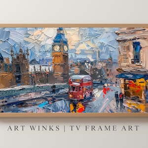 Puede incluir: Una pintura de un autobús rojo de dos pisos conduciendo por una calle de la ciudad con el Big Ben al fondo. La pintura está realizada en un estilo grueso e impasto, lo que le da un aspecto texturizado.