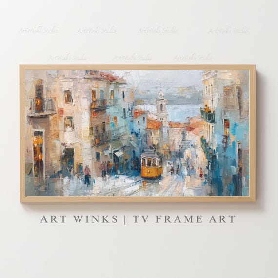 Frame TV Art, Lisbon tram art print, Vintage Portuguese street scene wall decor, European cityscape painting, Portuguese landmark artwork