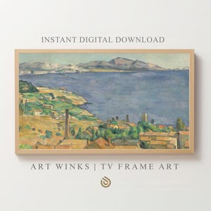 May include: A framed landscape painting with a coastal scene. The artwork features a large body of blue water, green hills, and buildings with orange roofs. The text "INSTANT DIGITAL DOWNLOAD" is at the top.
