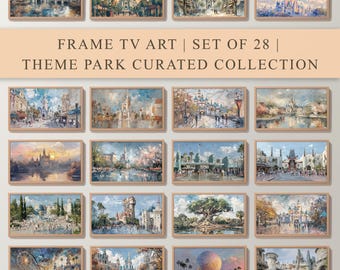 Theme Park Frame TV Art Set of 28 Prints | Vintage Fairytale Castle & Hollywood Digital Download Collection Featuring Iconic Attractions.