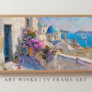 Art mural pour téléviseur, Santorin sereine, évasion méditerranéenne vibrante - Paysage d'île grecque coloré dans un style peinture à l'huile riche, village côtier