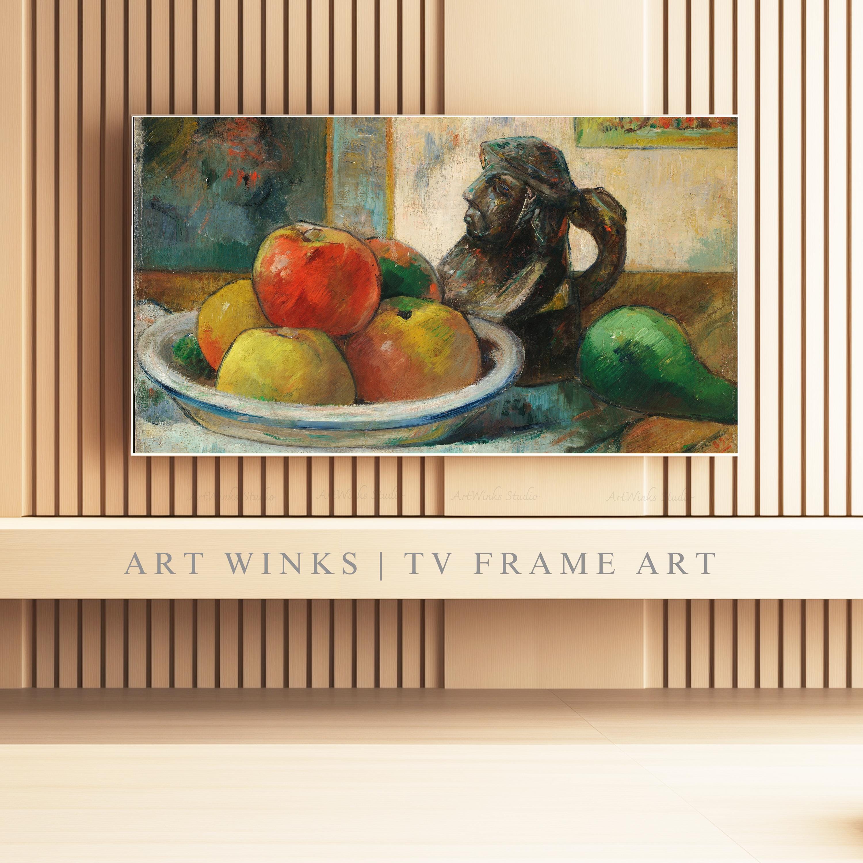 額入りテレビアート、リンゴ、梨、水差しのある静物画、ポール