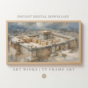 Ram-TV-konst, Jerusalem Salomos tempel, Beit HaMikdash, biblisk helig plats vintage oljemålning, religiös väggdekor direktnedladdning