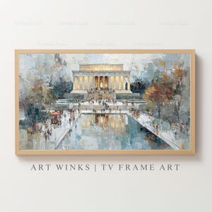 Könnte beinhalten: Gerahmter Kunstdruck eines neoklassizistischen Gebäudes mit einem Spiegelbecken, Menschen und Bäumen. Das Kunstwerk ist in einer hellen Farbpalette mit einem Holzrahmen gehalten. Der Text "ART WINKS | TV FRAME ART" befindet sich unten.