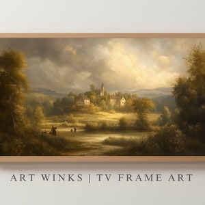 May include: A framed landscape painting in warm tones, showing a village scene with hills and a river. The sky is filled with clouds, and the text "ART WINKS | TV FRAME ART" is at the bottom. The artwork is in a wooden frame.