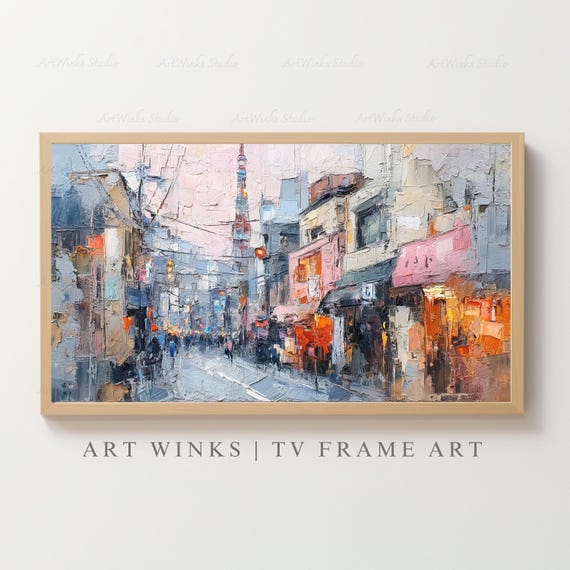 Frame TV Art, Tokyo Cityscape Oil Painting, Japanese Street