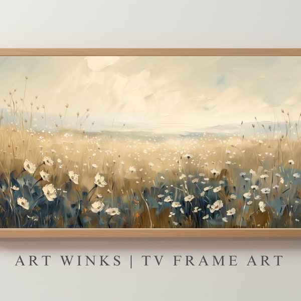 TV Frame Art, Vintage Landscape Oil Painting of blooming wildflowers meadow, Framed TV art, Atmospheric Soft Painting, Soft Meadow Ambiance