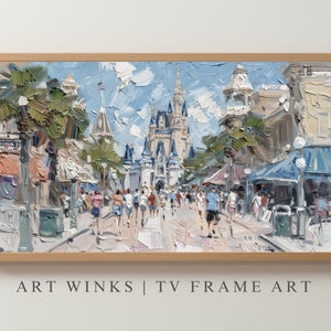 Samsung Frame TV, Magic Kingdom Memory, Aschenputtel Schloss Impressionistöl, Massenszene Main Street mit ikonischen Türmen & wunderlichen Details