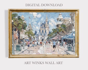 May include: An oil painting style wall art print featuring a central castle with blue spires, surrounded by trees and a crowd of people walking on a path. The text DIGITAL DOWNLOAD and ART WINKS WALL ART appear above and below the gold-framed image.