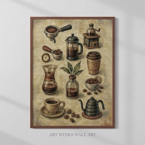 Vintage Coffee Brewing set Wall Art, Retro Kitchen Decor Featuring French Press, Espresso & Coffee Beans Illustration, for Coffee lovers