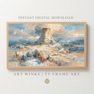 Peut inclure: Peinture de paysage encadrée dans un cadre en bois clair. L'œuvre représente une structure en forme de tour dans un paysage désertique, avec des ciels bleus et blancs. Le texte "INSTANT DIGITAL DOWNLOAD" et "ART WINKS | TV FRAME ART" sont visibles.