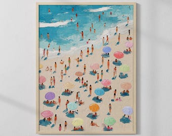 海岸沿いのビーチプリント：レトロな海辺の絵画、夏のホームデコレーション（デジタルダウンロード）