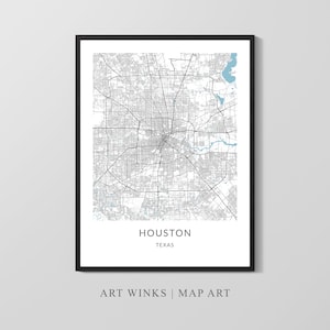 Houston kaart afdrukken, kaartposter, afdrukbare kaart, stadskaart afdrukken, kunst aan de muur kaart, kaart cadeau, kaart van Texas, kaart Home Decor, stratenkaart kunst aan de muur