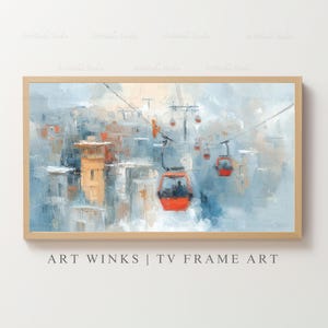 Frame TV Art, cable car art print, Colorful La Paz Bolivia gondola painting, Modern urban cityscape wall decor, South American travel poster
