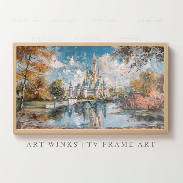 Samsung Frame TV, Erinnerungsstück „Zauberreich“, impressionistisches Ölgemälde von Cinderella Castle, Märchenhafte Hauptstraße mit ikonischen Türmen und verspielten Details