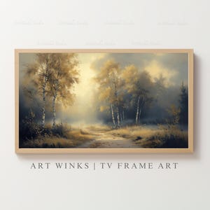 Samsung Frame Art, Golden sunlight forest oil painting, Peaceful birch trees landscape print, Serene nature wall decor, New dawn tv frames