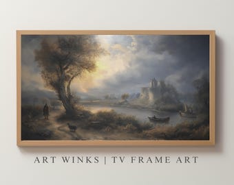Vintage Landscape Frame TV Art, Digital River Scene Wall Decor, Moody Castle Scenic Artwork for Samsung Frame TV, Moody Landscape painting