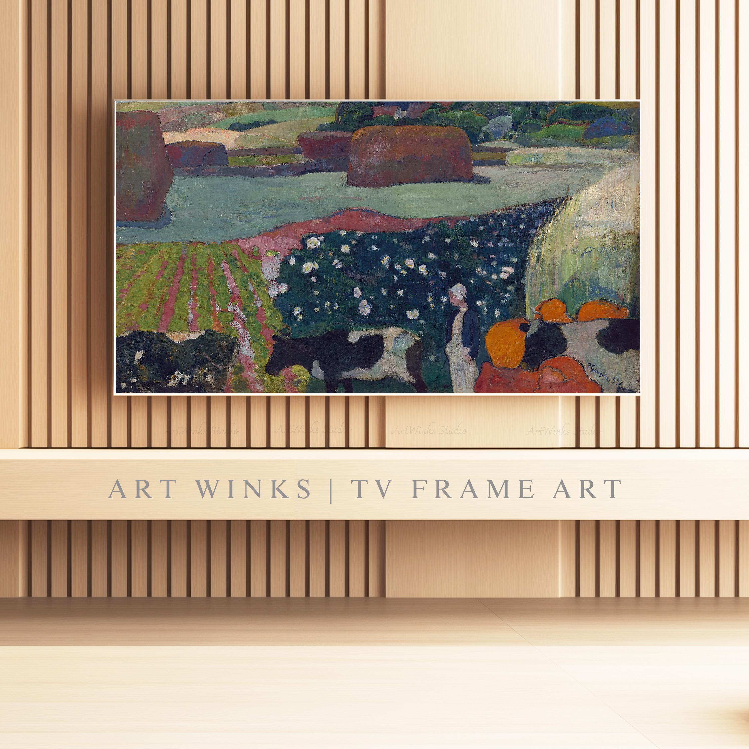 額縁付きテレビアート、ブルターニュの干し草の山のアート、フランスの