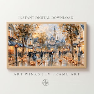 May include: A digital art print featuring a street scene with a castle in the background, decorated with numerous glowing orange jack-o'-lanterns on the ground. The scene includes trees with autumn foliage, street lamps, and people walking.