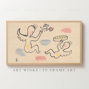 Frame TV Art, Vintage angel wall art, Mikuláš Galanda Whimsical nursery artwork, Pastel illustration, Two angels, Living room accent