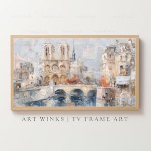 Frame TV Art, Notre Dame Paris Impressionist oil painting print, Vintage French cathedral wall art, Textured European architecture artwork,